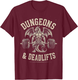 Dungeons and Deadlifts Gym Workout Fantasy T-Shirt - T-Shirt | Maroon