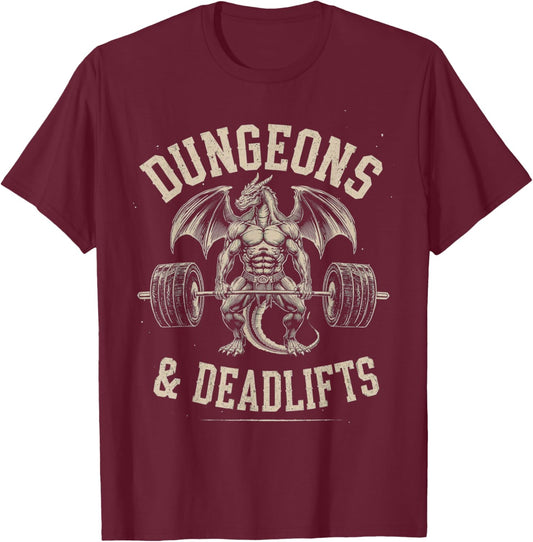Dungeons and Deadlifts Gym Workout Fantasy T-Shirt - T-Shirt | Maroon