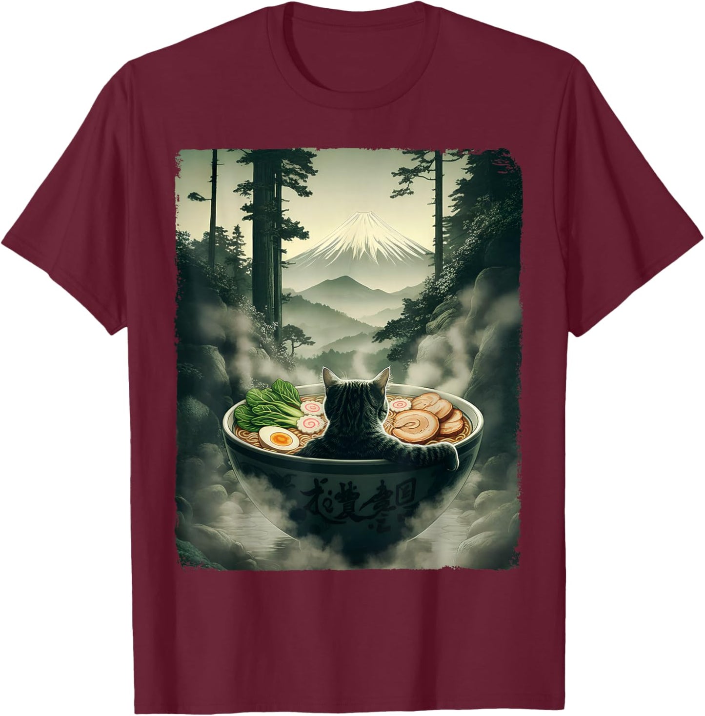 Cat Ramen Mount Fuji Zen Aesthetic Funny Japanese Graphic T-Shirt - T-Shirt | Maroon