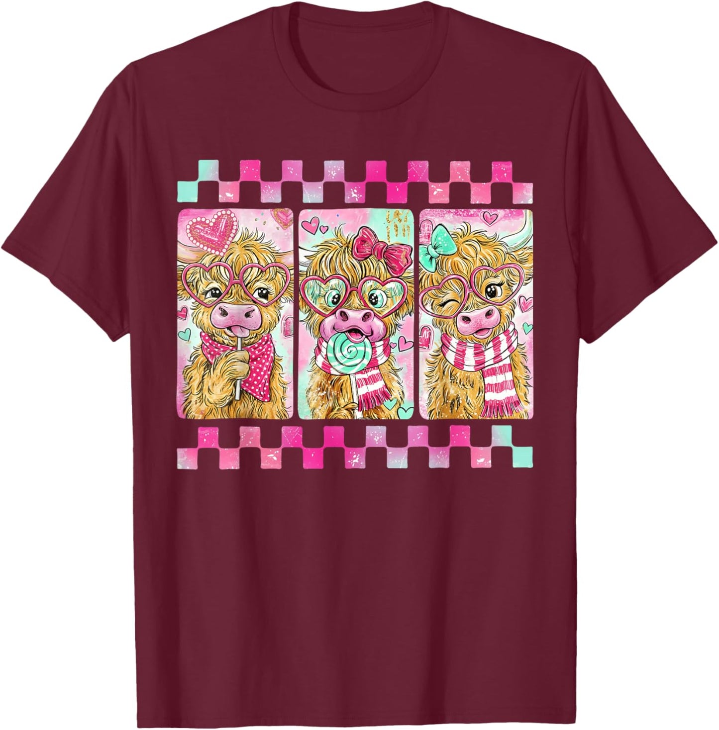 Valentine Funny Heifer Cow Pink Heart Girl Women Kid T-Shirt - T-Shirt | Maroon