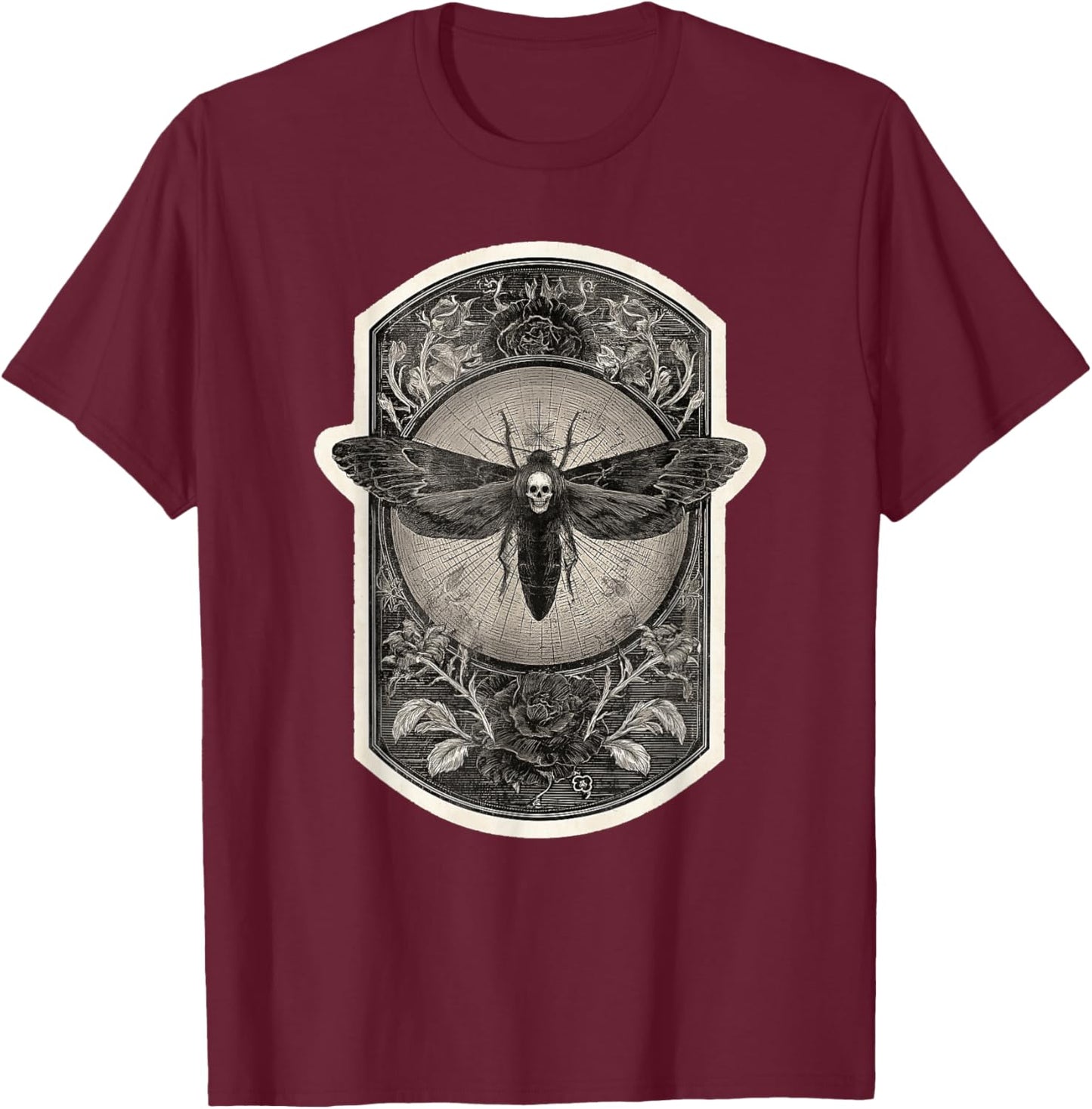 Death Head Moth Gothic Flower Skull Illustration T-Shirt - T-Shirt | Maroon