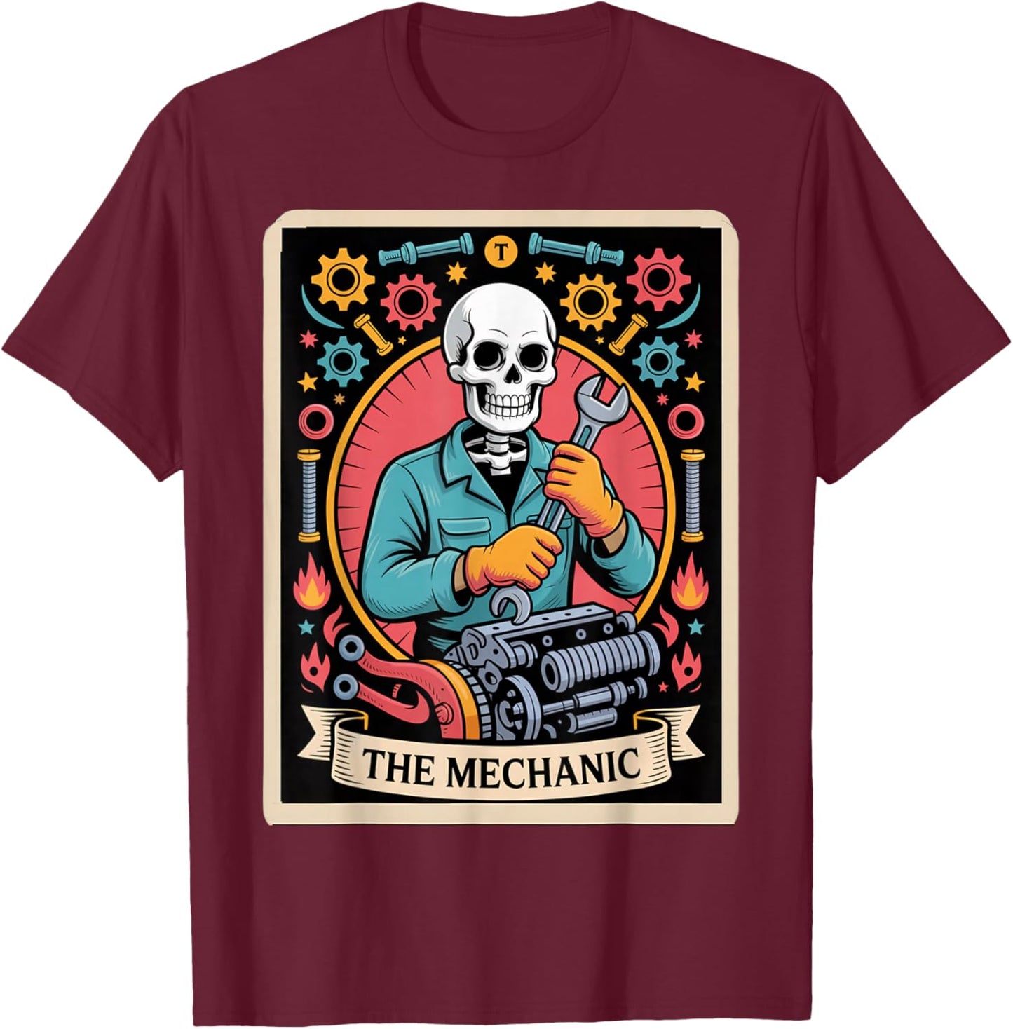 Skeleton Mechanic Tarot Card– Funny Auto Repair T-Shirt - T-Shirt | Maroon