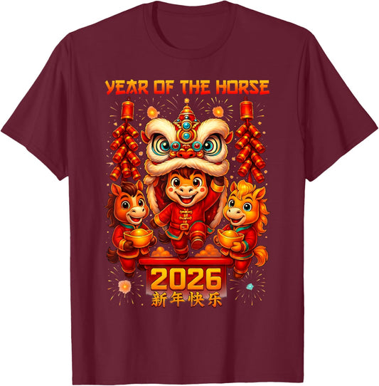 Chinese New Year 2026 Outfits Boys Girls Year of The Horse T-Shirt - T-Shirt | Maroon