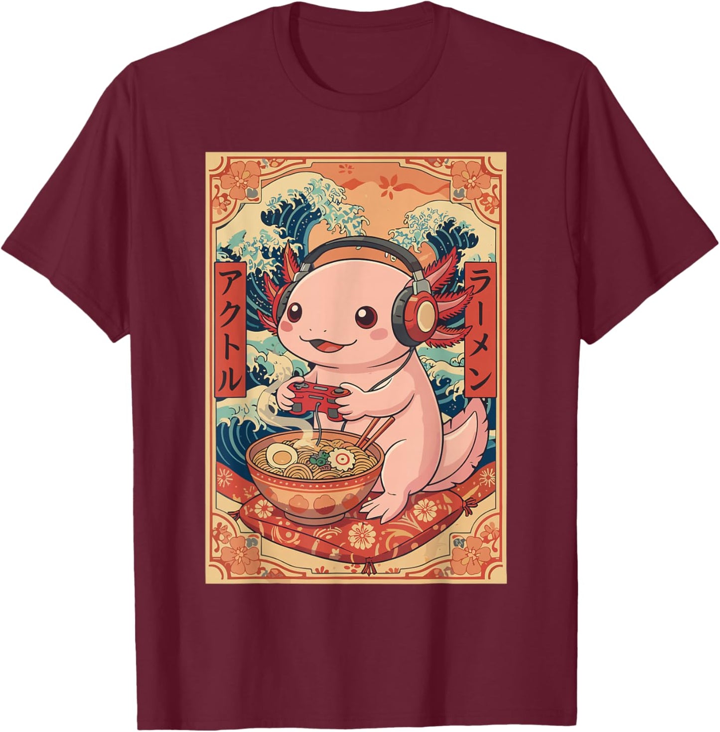 Cute Kawaii Gamer Axolotl Japanese Ramen Gaming Boys Kids T-Shirt - T-Shirt | Maroon