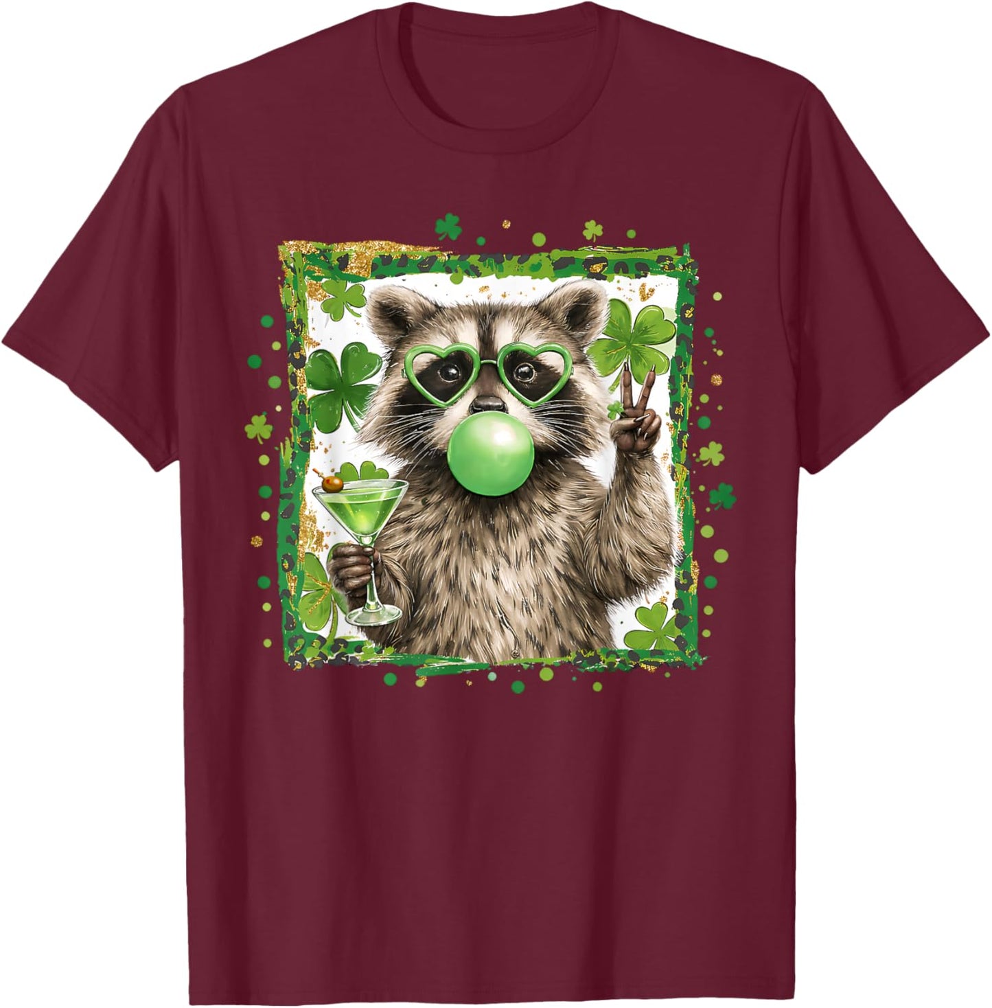 Vintage Funny St Patricks Day Raccoon Lover Martini Shamrock T-Shirt - T-Shirt | Maroon
