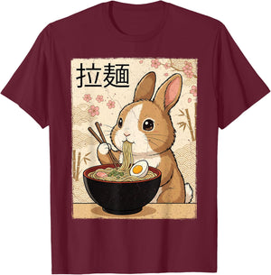 Cute Bunny Eating Ramen Vintage Japanese Art Aesthetic T-Shirt - T-Shirt | Maroon