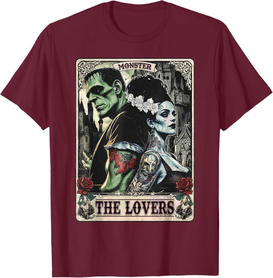 The Monster Frankenstein and Bride The Lovers Tarot Card T-Shirt - T-Shirt | Maroon