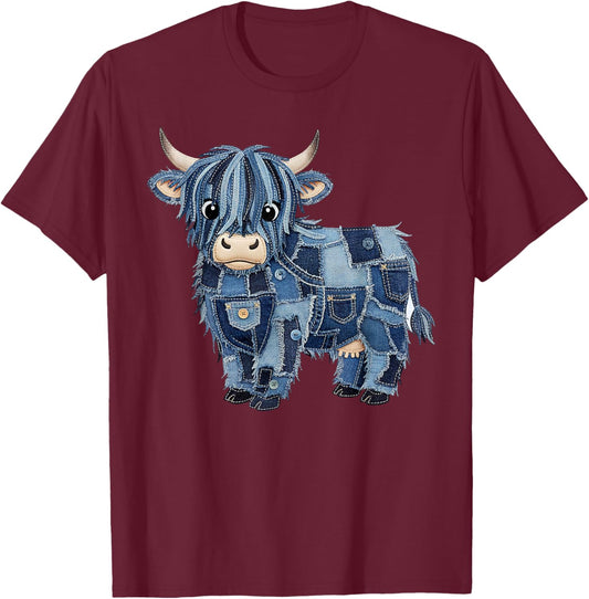 Cute Highland Cow Cottagecore Farm Animal Patchwork T-Shirt - T-Shirt | Maroon