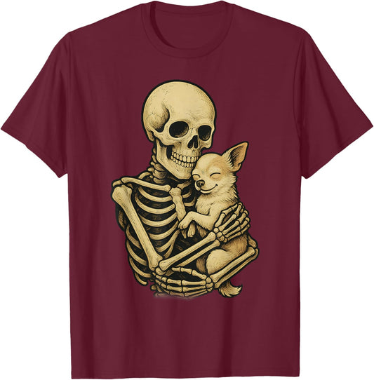 Skeleton Hugging Dog Chihuahua Funny Halloween T-Shirt - T-Shirt | Maroon