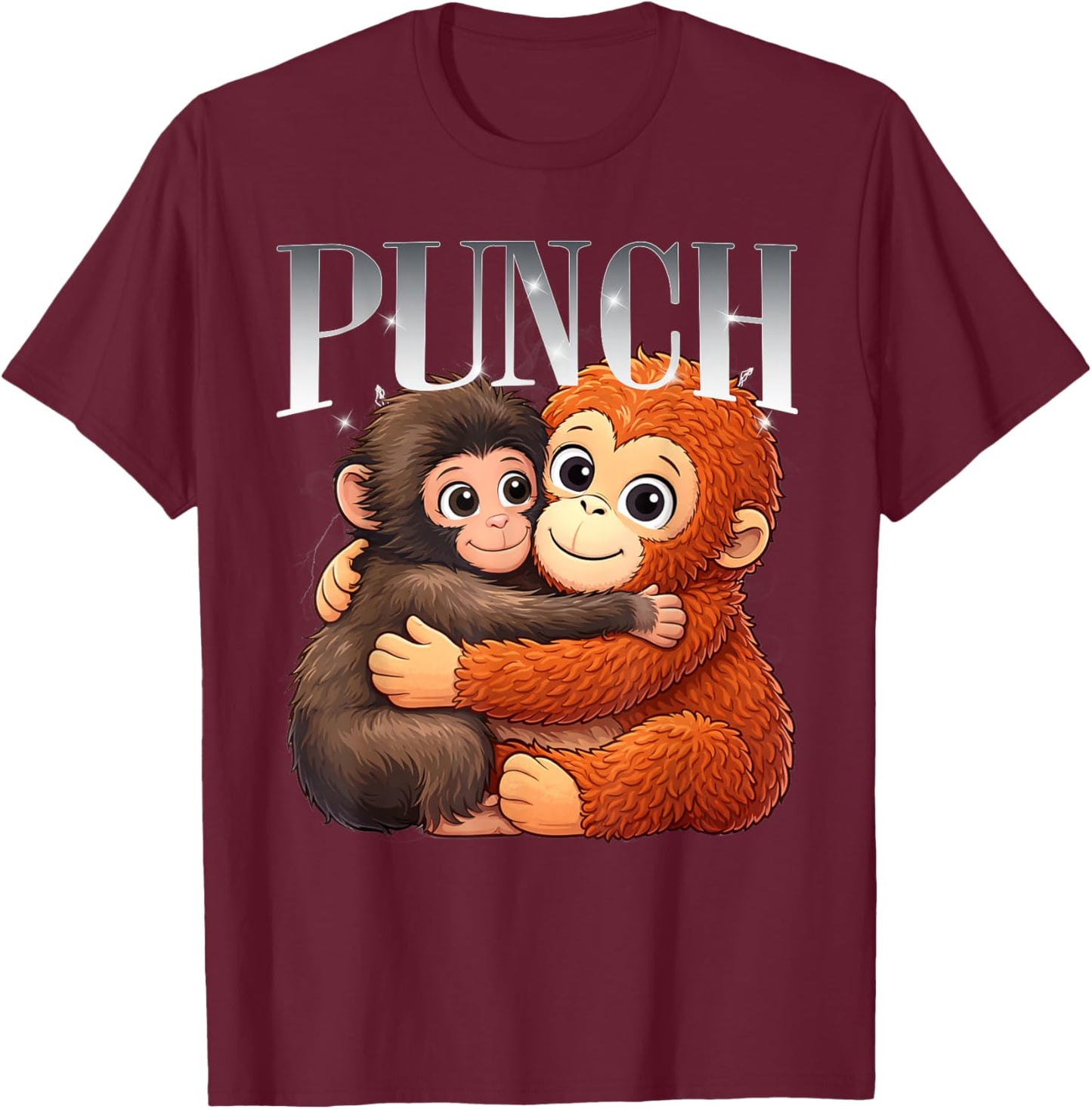 Punch Cute Hugging Baby Monkeys Cartoon Art T-Shirt - T-Shirt | Maroon