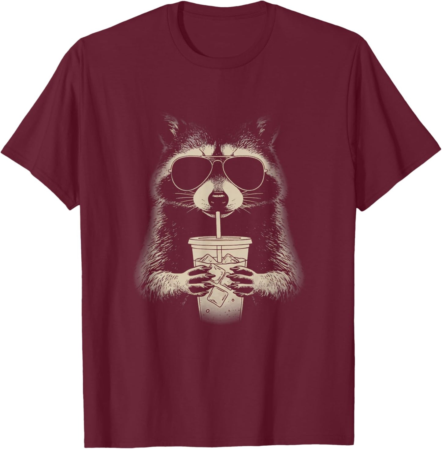 Raccoon Drinking Iced Coffee Meme Face Y2K Grunge Graphic T-Shirt - T-Shirt | Maroon