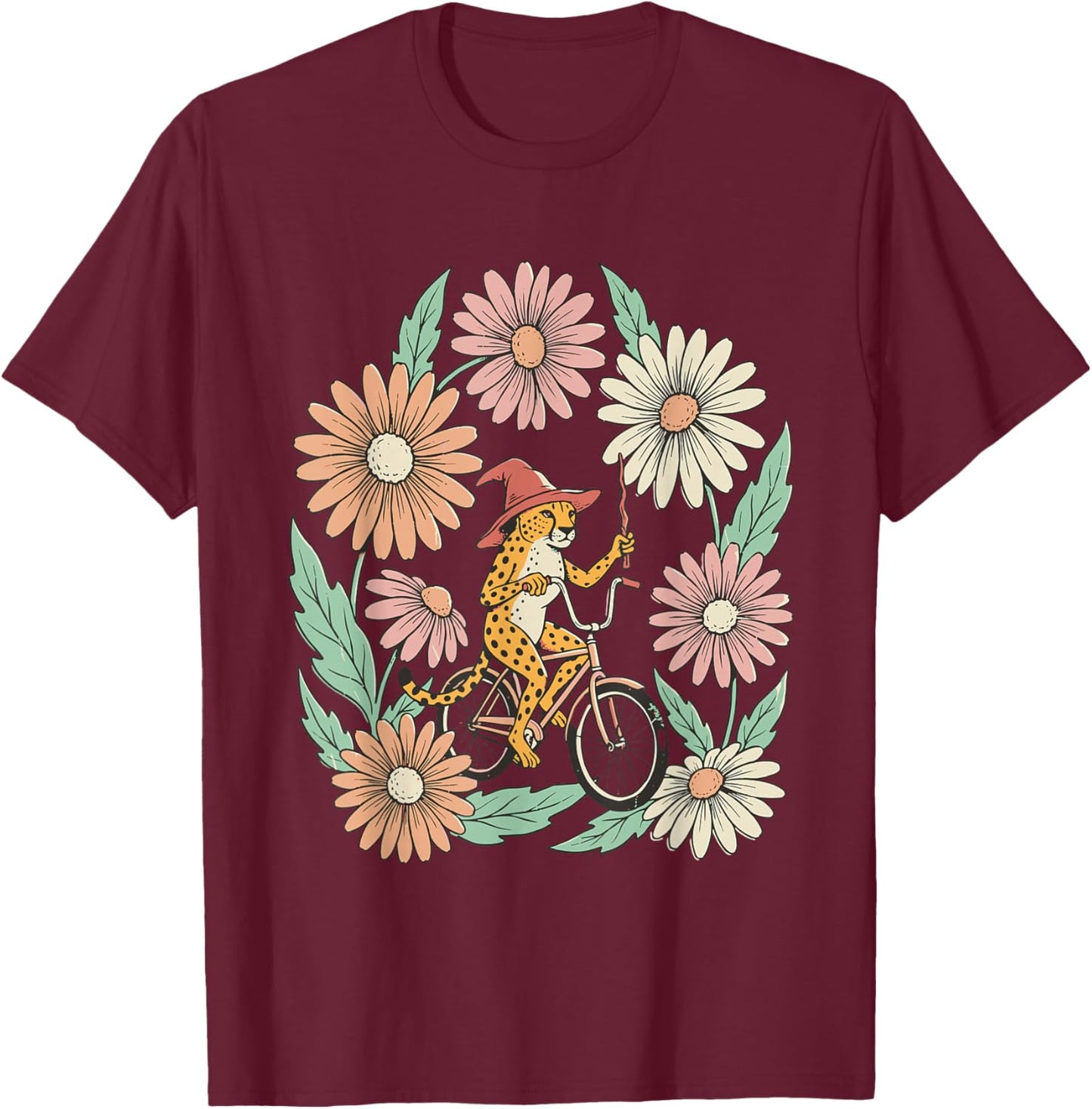 Vintage Cheetah Witch Riding Bicycle Floral T-Shirt - T-Shirt | Maroon