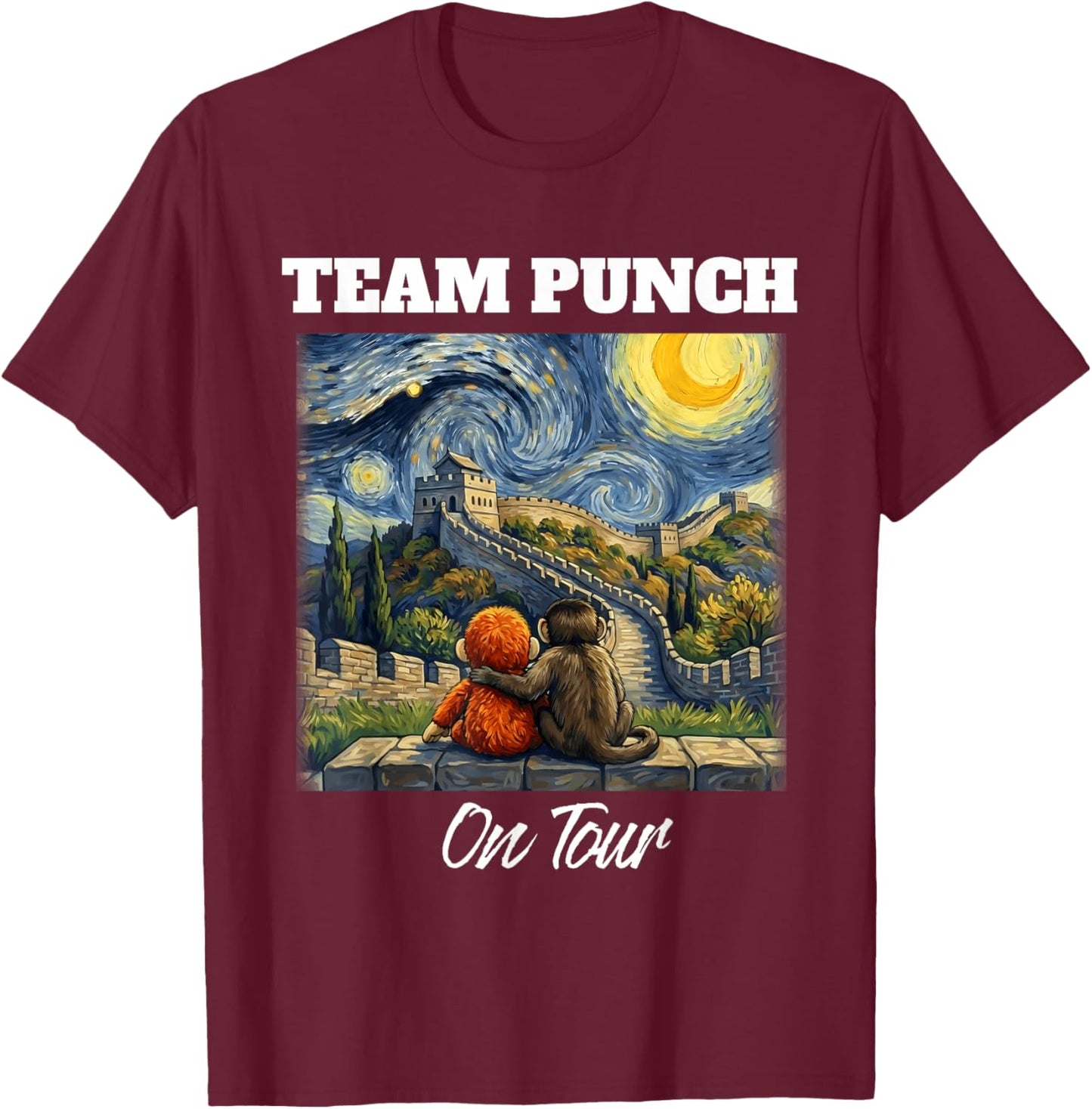 Team Punch on Tour Great Wall of China Funny Punch Monkey T-Shirt - T-Shirt | Maroon
