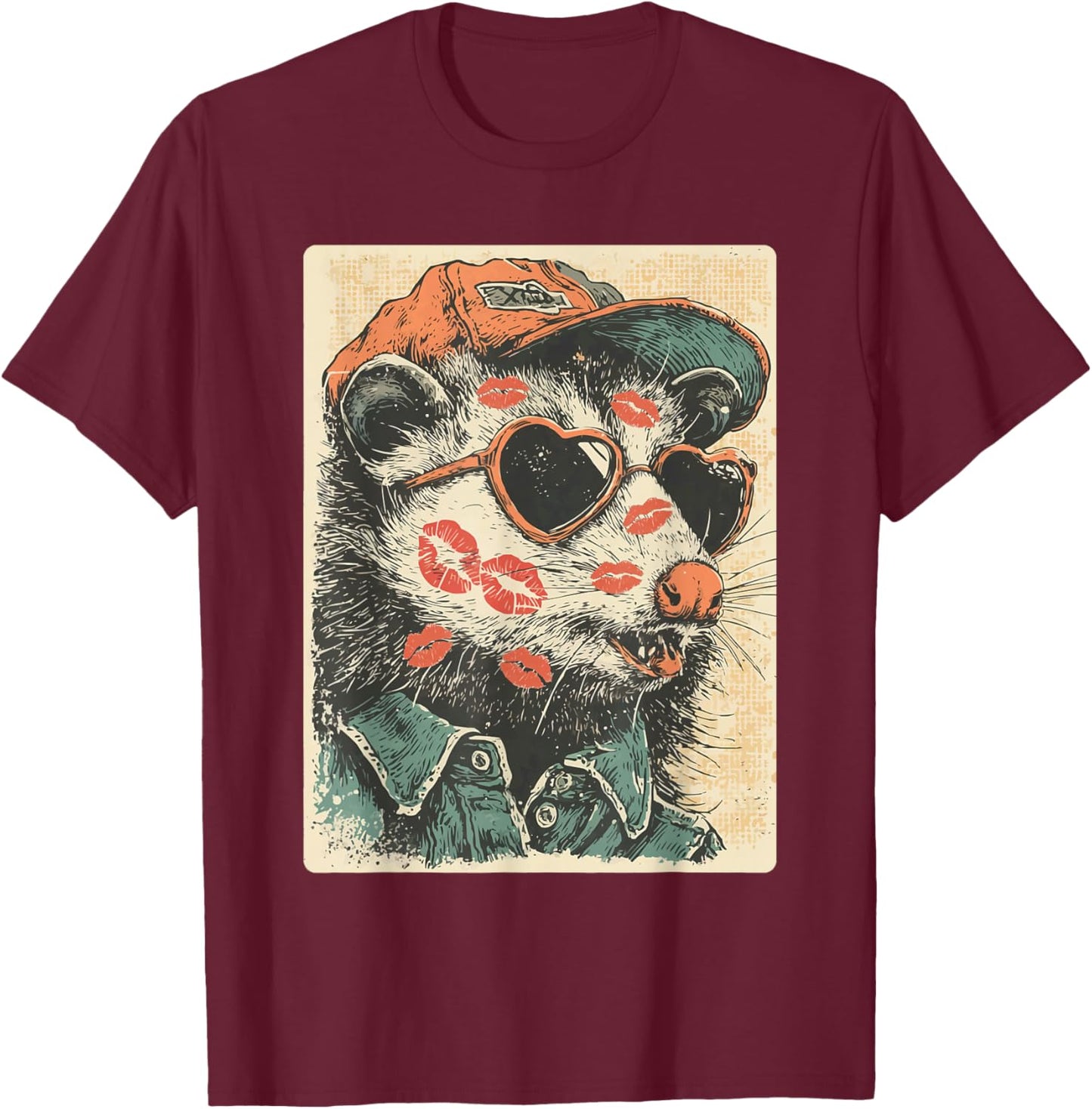 Cute Opossum with Sunglasses Kisses Valentine's Day Possum T-Shirt - T-Shirt | Maroon