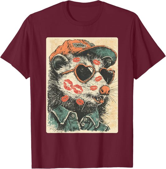Cute Opossum with Sunglasses Kisses Valentine's Day Possum T-Shirt - T-Shirt | Maroon