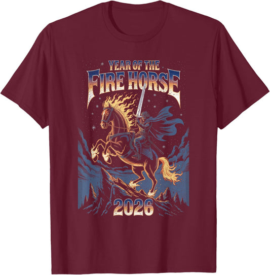 Year of The Fire Horse 2026 Celestial Warrior T-Shirt - T-Shirt | Maroon