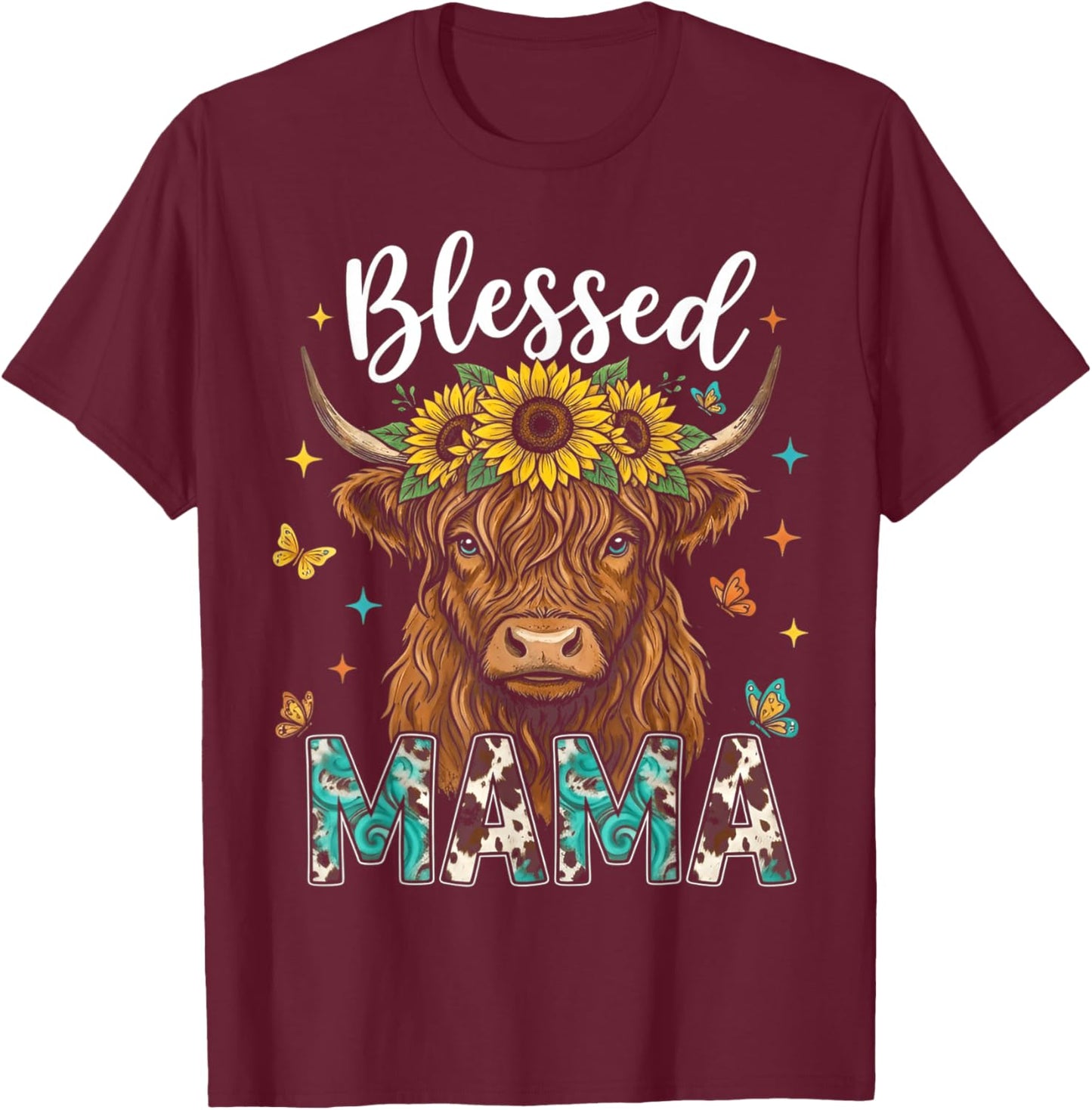 Mothers Day Blessed Mama Highland Cow Sunflowers Country Mom T-Shirt - T-Shirt | Maroon