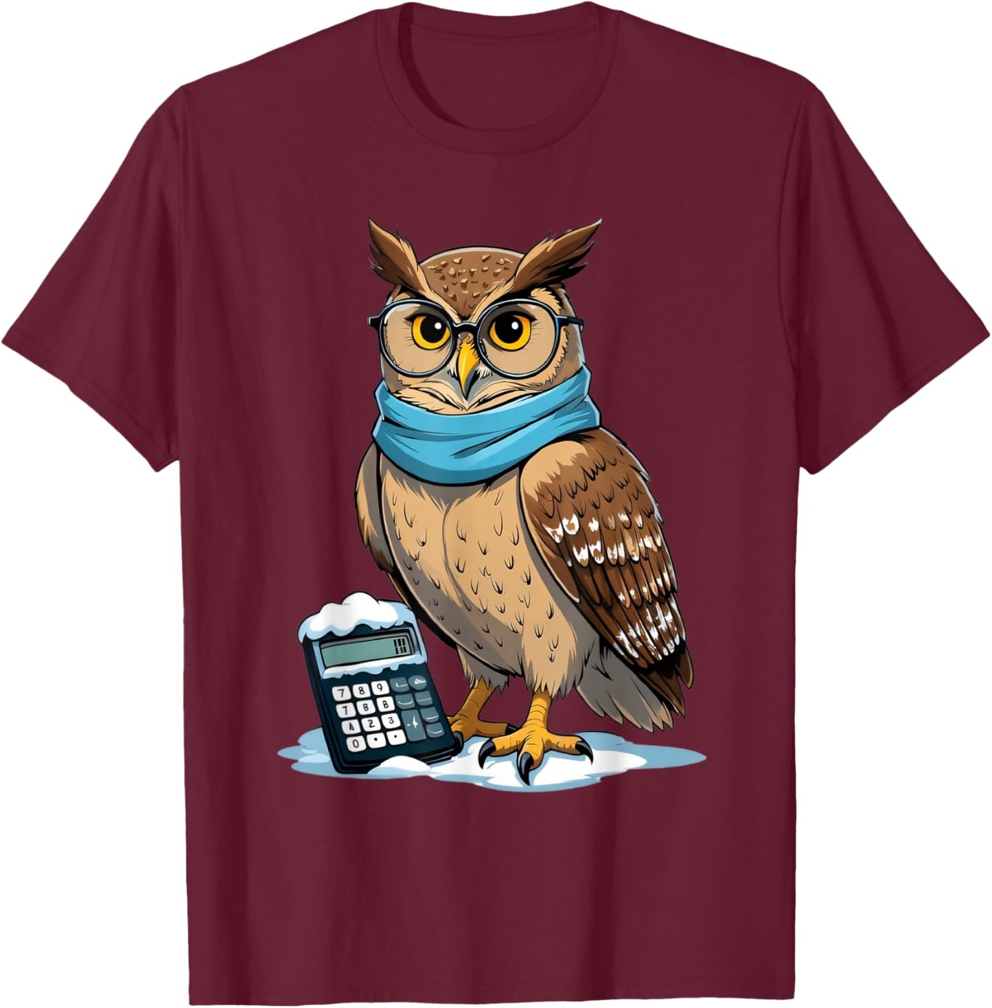Cartoon Owl with Glasses and Calculator in Snow T-Shirt - T-Shirt | Maroon