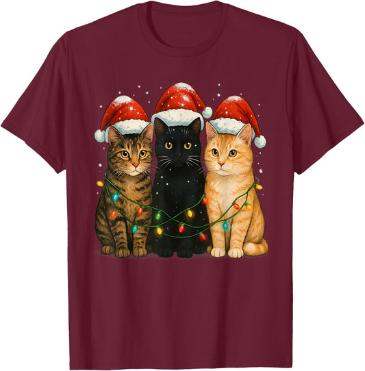 Cat Christmas Light Cat Owner Santa Christmas Cat Lover T-Shirt - T-Shirt | Maroon