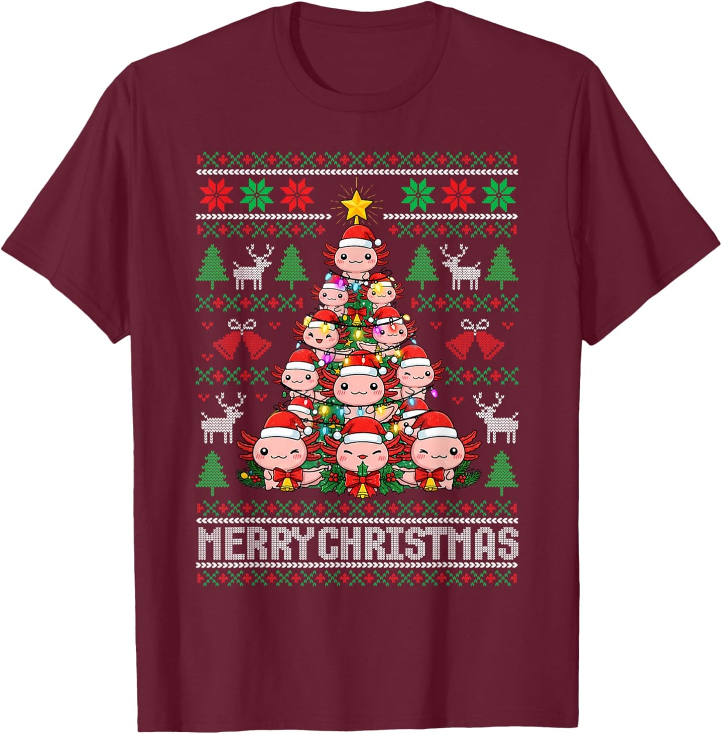 Cute Axolotl Christmas Tree Ugly Sweater Merry Xmas Holiday T-Shirt - T-Shirt | Maroon