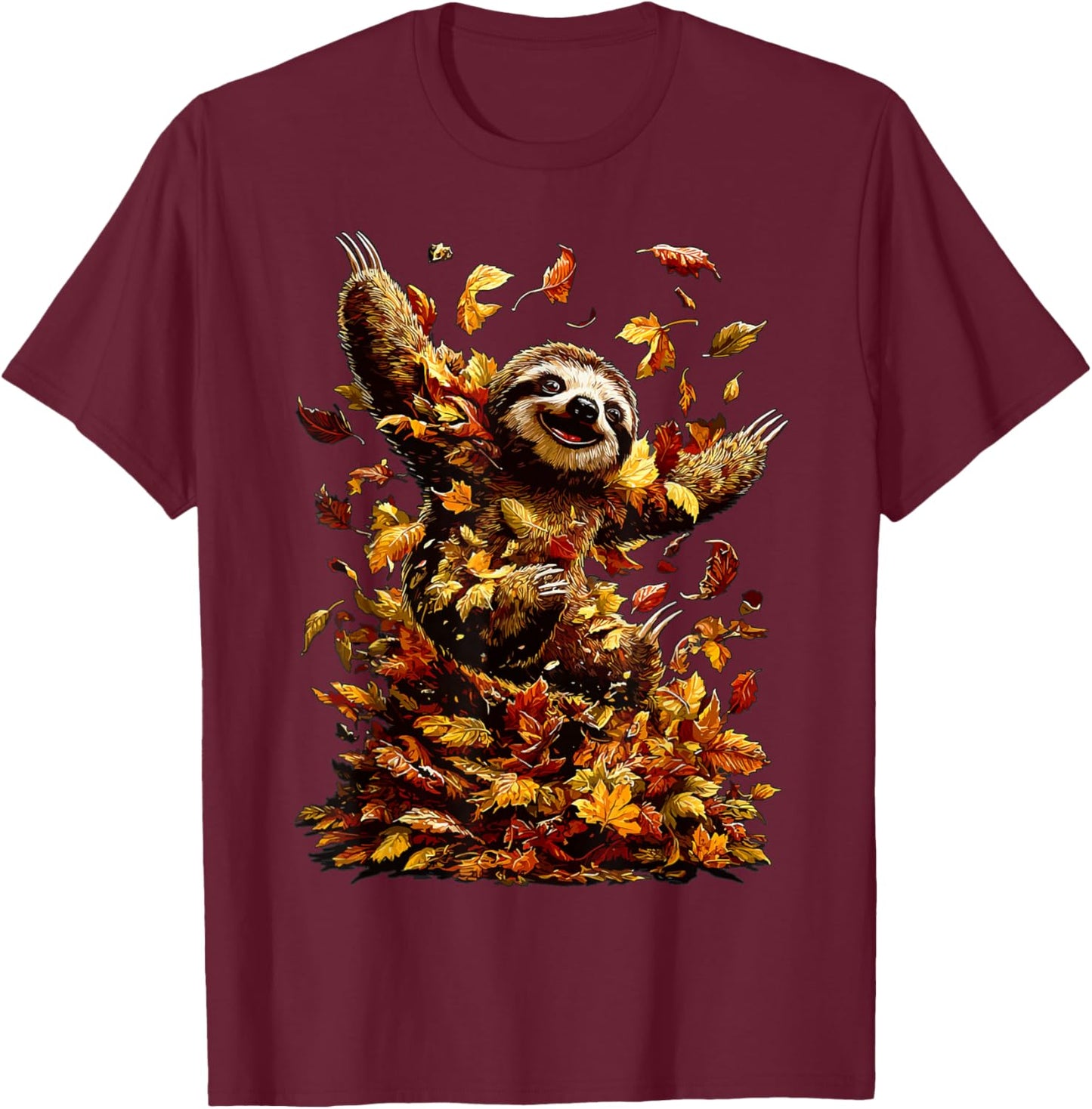 Dancing Sloth with Fall Leaves Cute Animal Autumn Aesthetic T-Shirt - T-Shirt | Maroon