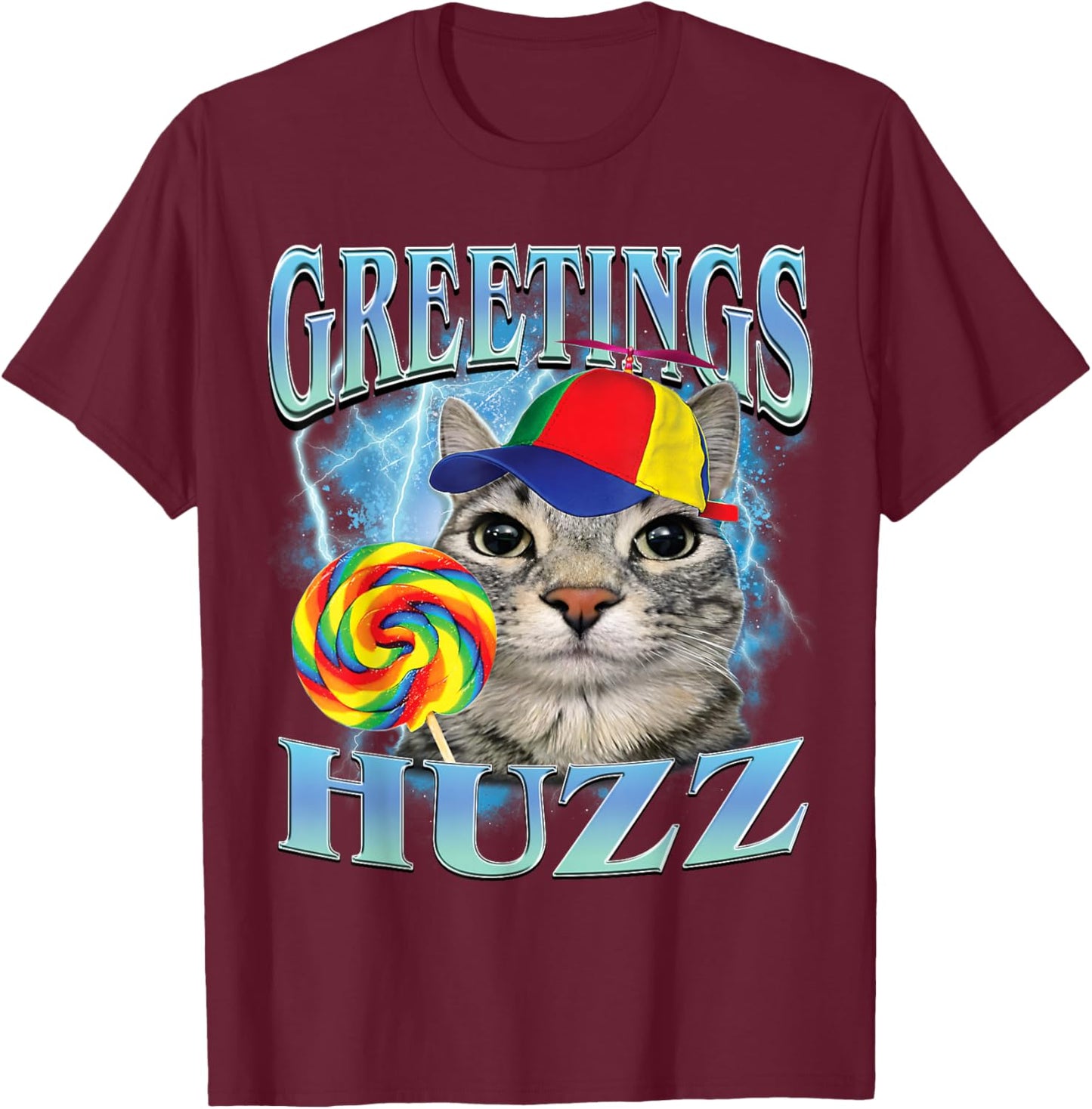 Greetings Huzz Funny Lollipop Cat Meme T-Shirt - T-Shirt | Maroon