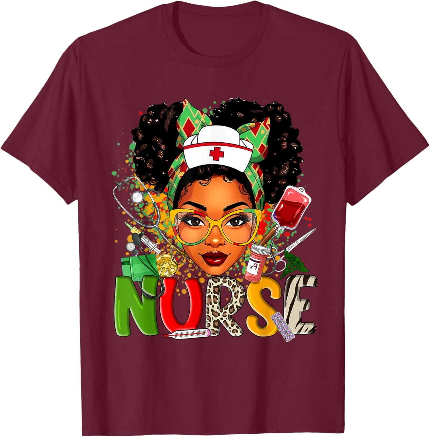 African American Nurse Messy Bun Hair Black History Month T-Shirt - T-Shirt | Maroon