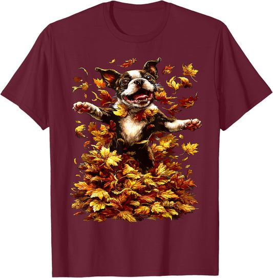 Boston Terrier with Fall Leaves Animal Autumn Aesthetic Dog T-Shirt - T-Shirt | Maroon
