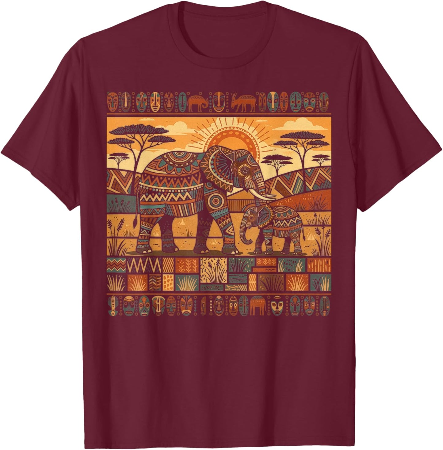 African Elephant & Baby Tribal Kente Pattern Safari Ghana T-Shirt - T-Shirt | Maroon