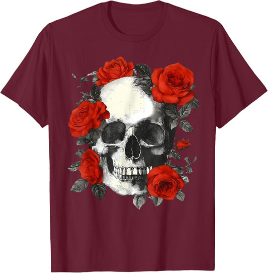 Floral Sugar Skull Rose Flowers Skeleton Halloween Men Women T-Shirt - T-Shirt | Maroon