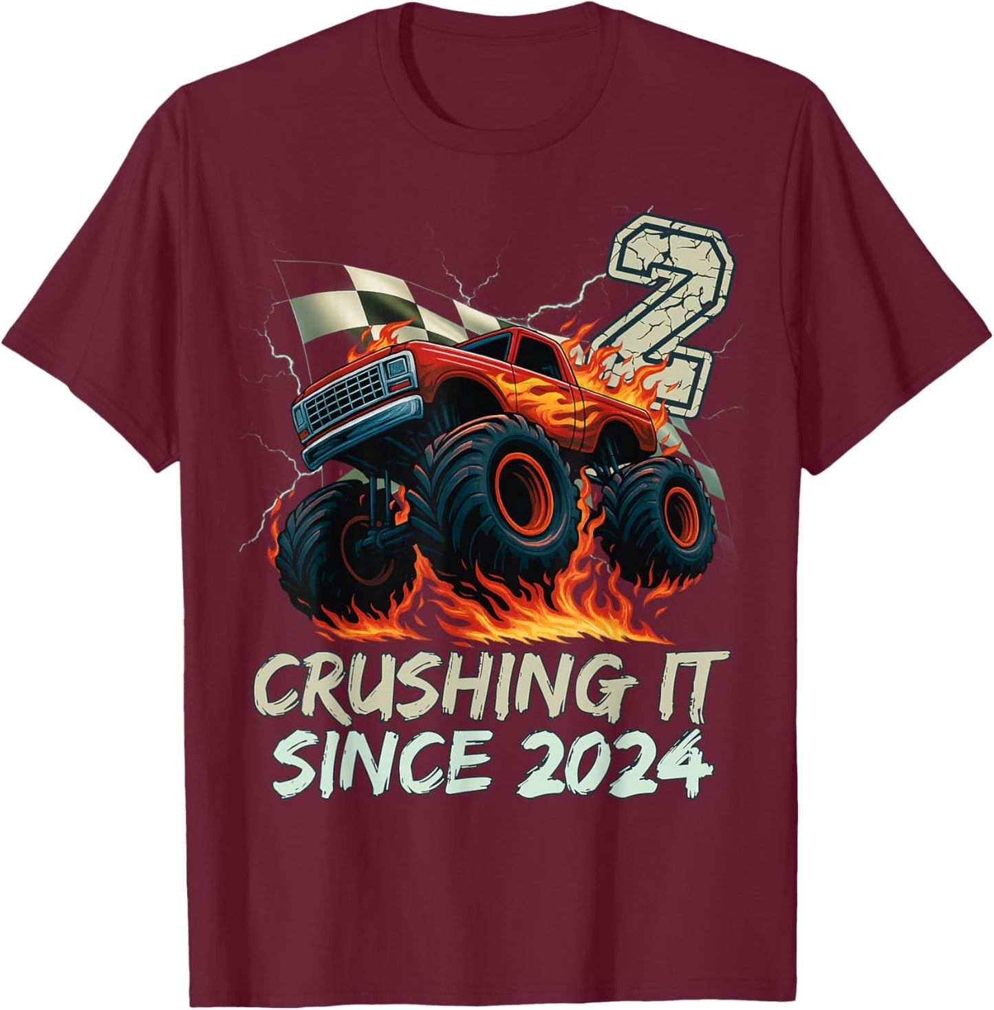 Birthday Monster Truck 2 Year Old Boys 2nd Party Born 2024 T-Shirt - T-Shirt | Maroon