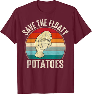 Funny Manatee Sea-Cow Pun Save The Floaty Potatoes T-Shirt - T-Shirt | Maroon