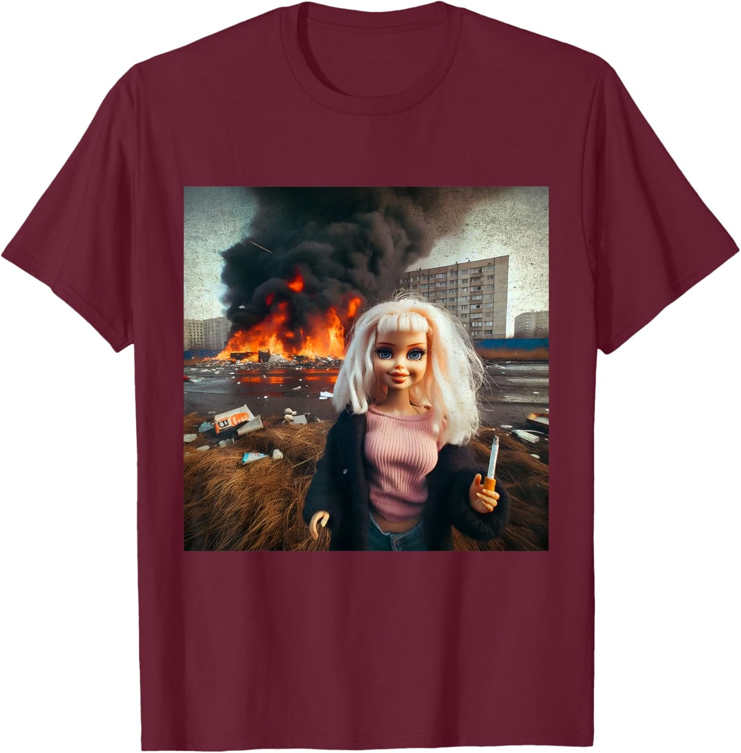 Messy Doll Dark Surreal Art Gritty Aesthetic T-Shirt - T-Shirt | Maroon