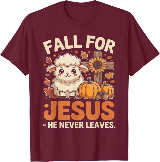 Fall for Jesus He Never Leaves Sheep Christian Autumn Cross T-Shirt - T-Shirt | Maroon