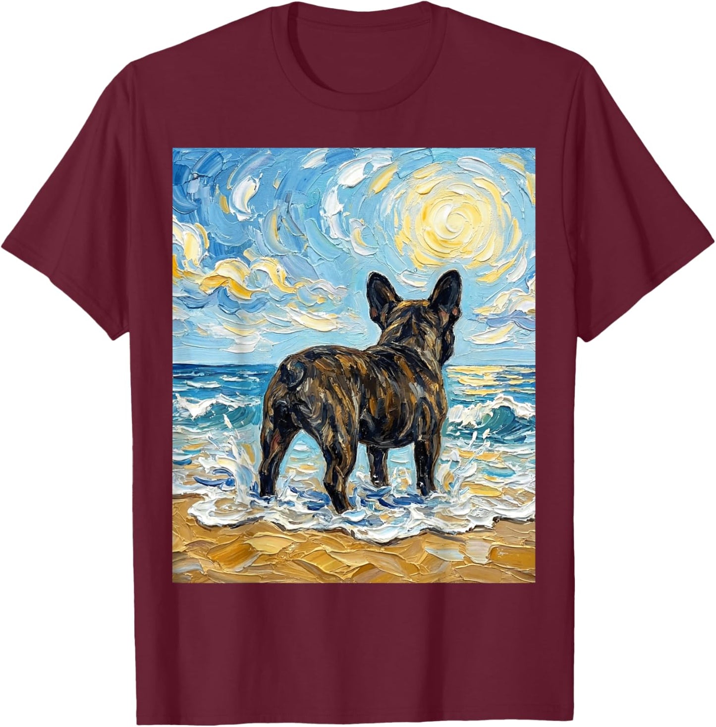 Brindle French Bulldog at The Beach Frenchie Dog Artwork T-Shirt - T-Shirt | Maroon