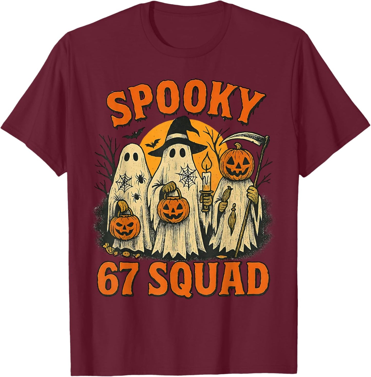 Spooky 67 Squad Funny Halloween Ghost 6 7 Six Seven Boy Kids T-Shirt - T-Shirt | Maroon