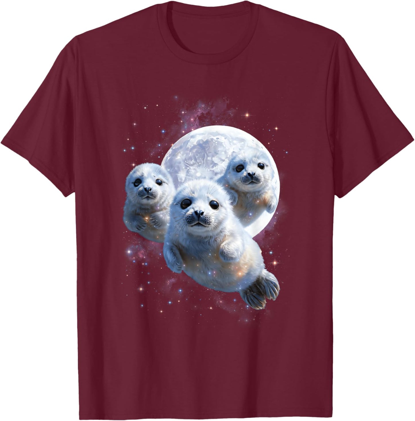 Vintage 3 Baby Seal Full Moon Galaxy Stars Space Wolf T-Shirt - T-Shirt | Maroon