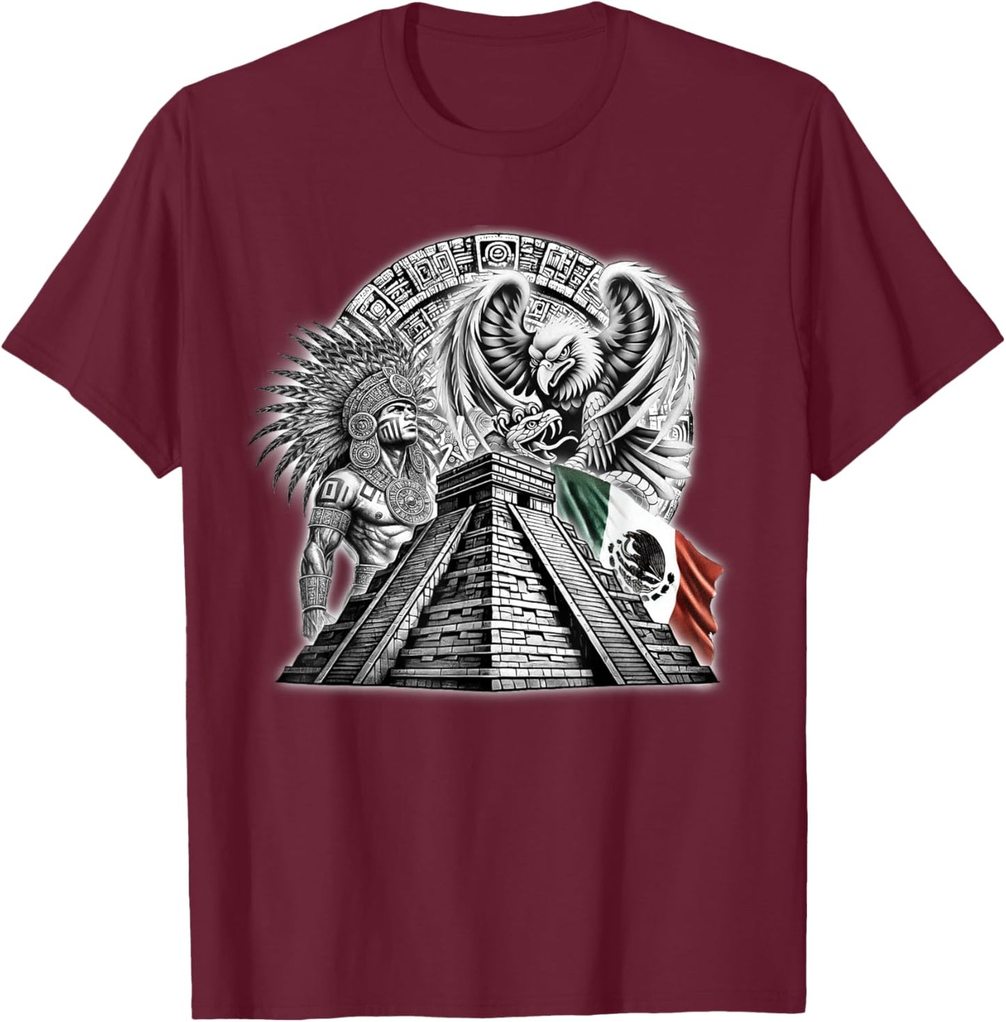 Aztec Warrior Calendar Mexico Mexican Flag Mayan Azteca T-Shirt - T-Shirt | Maroon