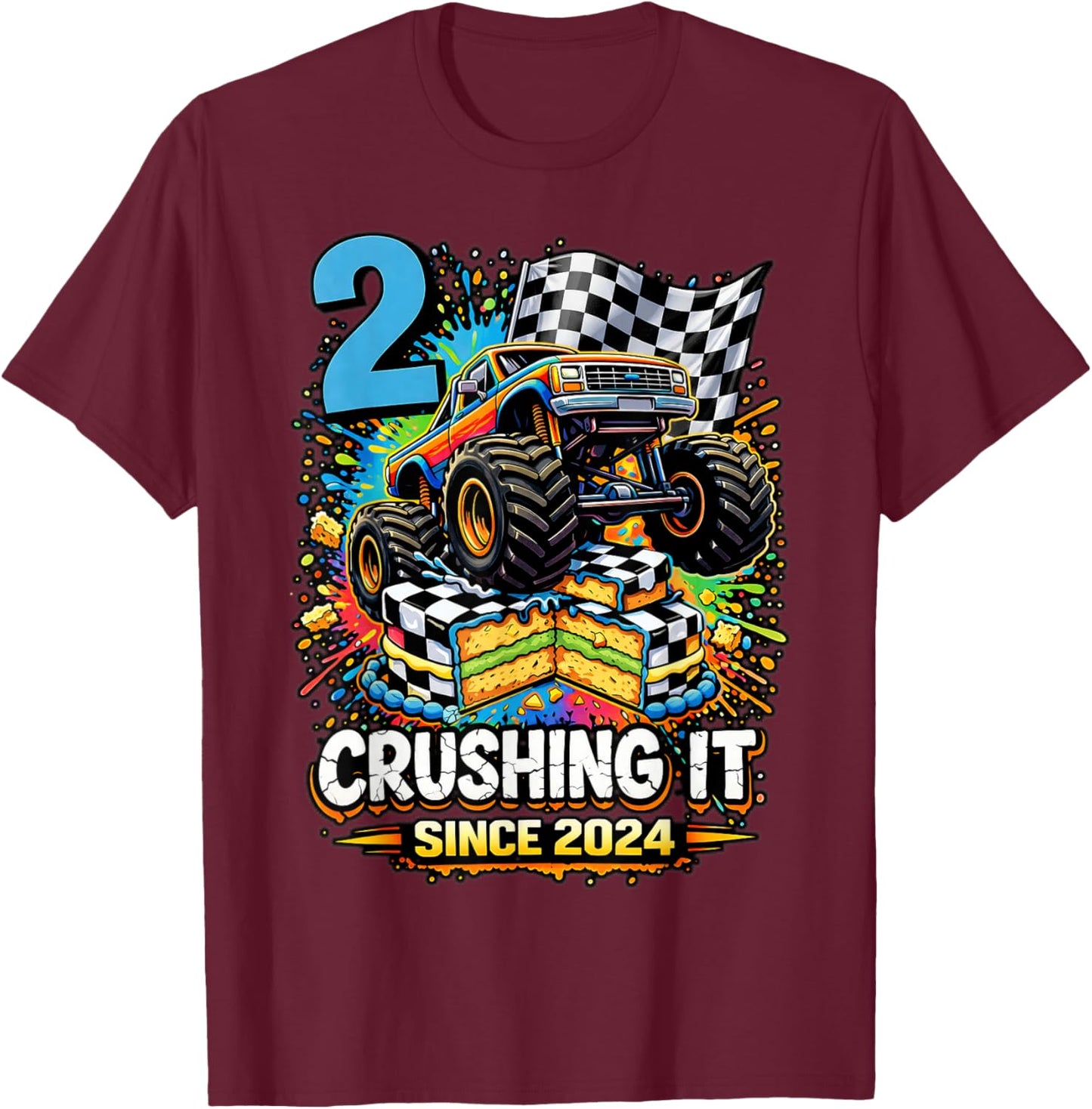 Birthday Monster Truck 2 Year Old Boys 2nd Party Born 2024 T-Shirt - T-Shirt | Maroon