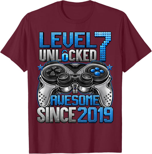 Level 7 Unlocked 7 Year Old Gifts for Boys 7th Birthday Boy T-Shirt - T-Shirt | Maroon