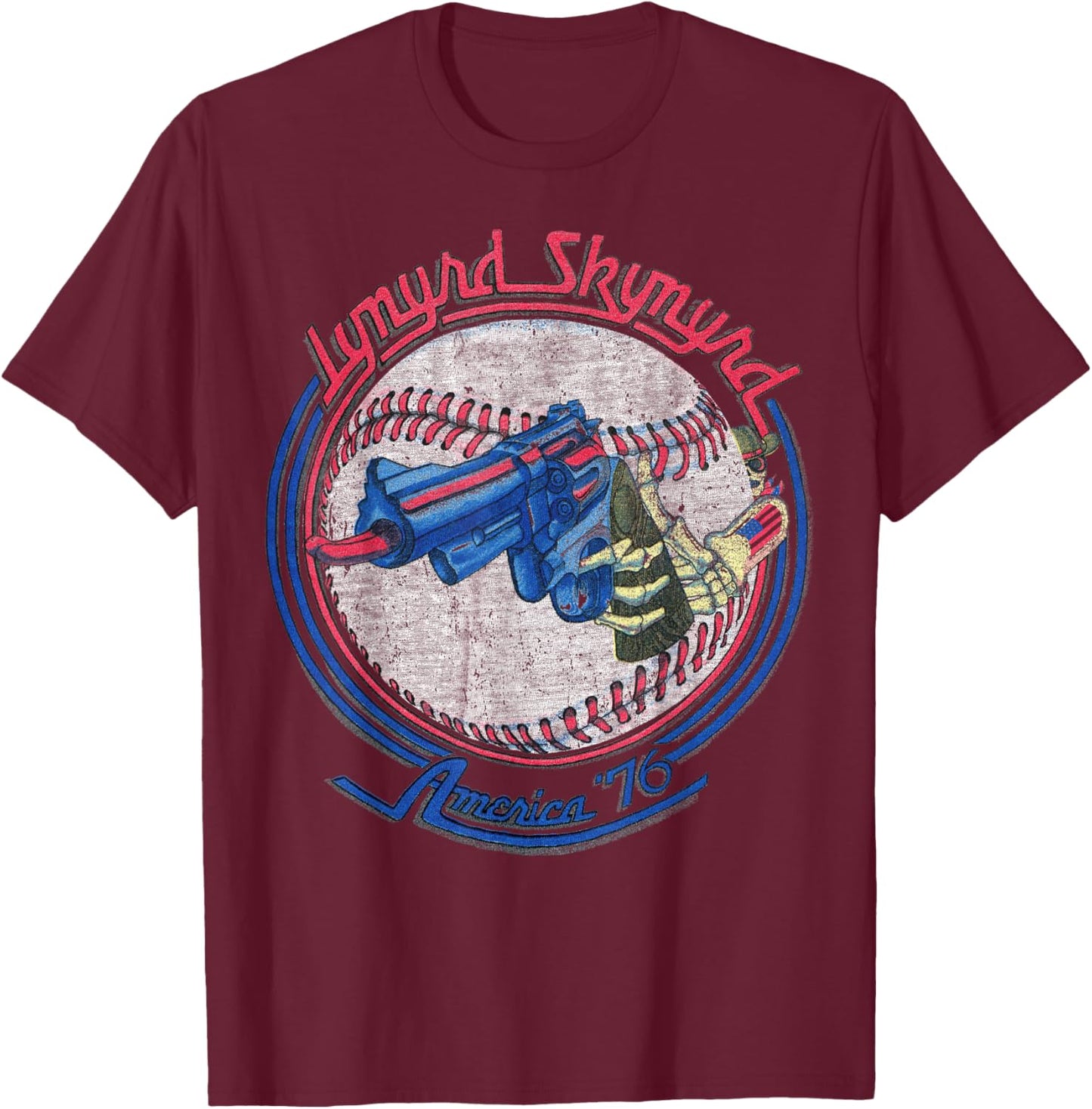 Lynyrd Skynyrd Skeleton Baseball Gun US Flag Cowboy Rock Fan T-Shirt - T-Shirt | Maroon
