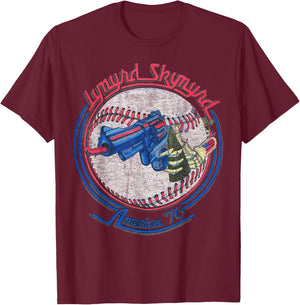 Lynyrd Skynyrd Skeleton Baseball Gun US Flag Cowboy Rock Fan T-Shirt - T-Shirt | Maroon