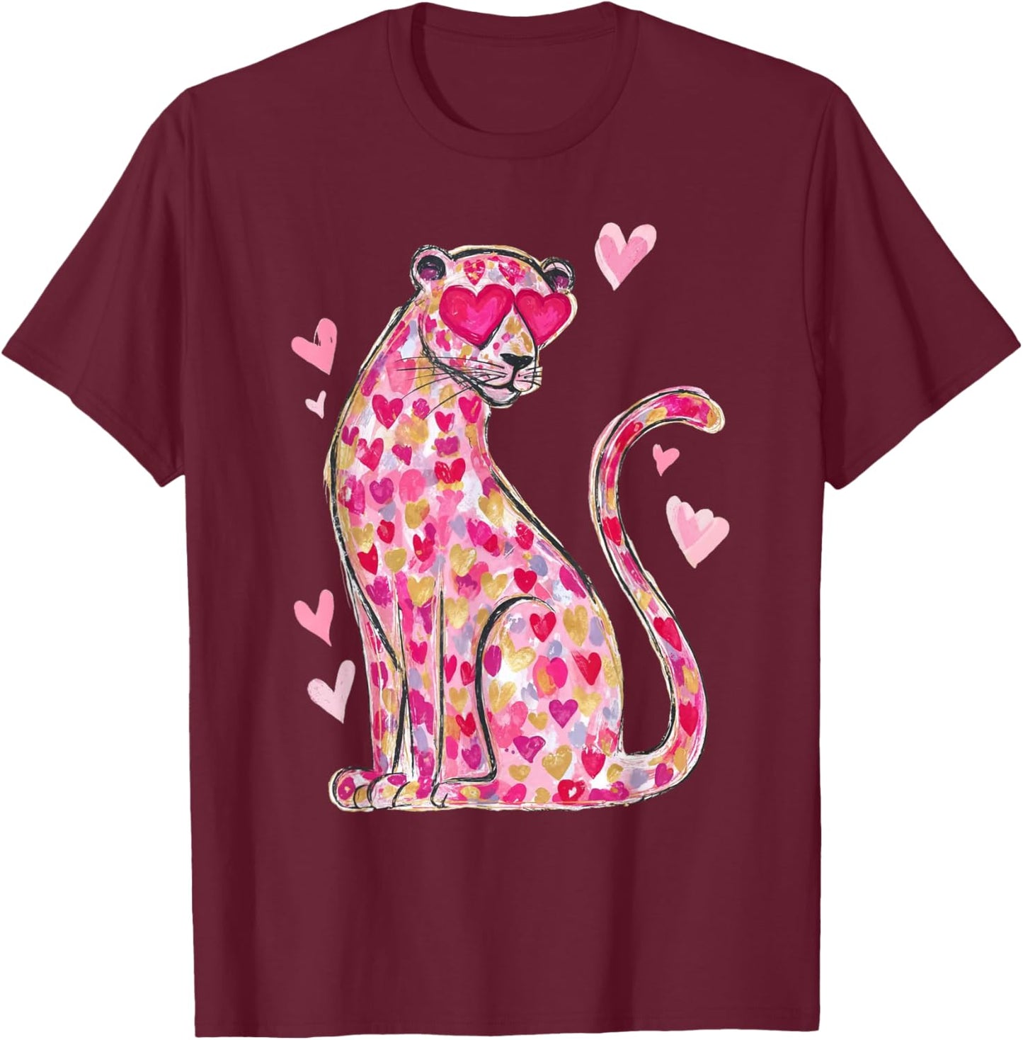 Valentine Leopard Cat Cheetah Pink Heart Retro Vintage T-Shirt - T-Shirt | Maroon