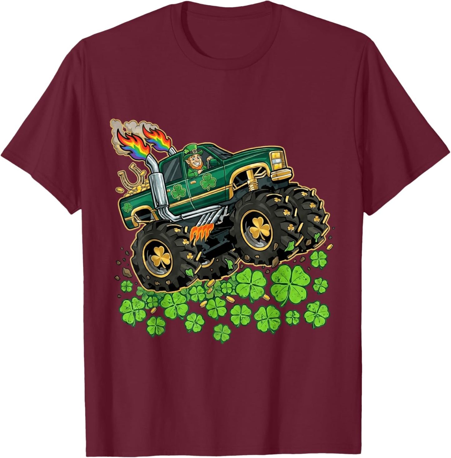 St Patricks Day Toddler Kids Leprechaun Monster Truck Paddys T-Shirt - T-Shirt | Maroon