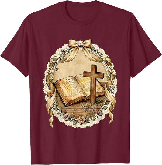 Vintage Thrifted Cross Coquette Cottagecore Granny Aesthetic T-Shirt - T-Shirt | Maroon