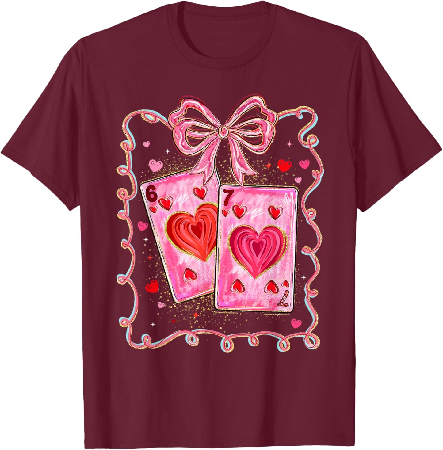 Valentine Funny 67 Meme Playing Cards Coquette Bow Women Kid T-Shirt - T-Shirt | Maroon