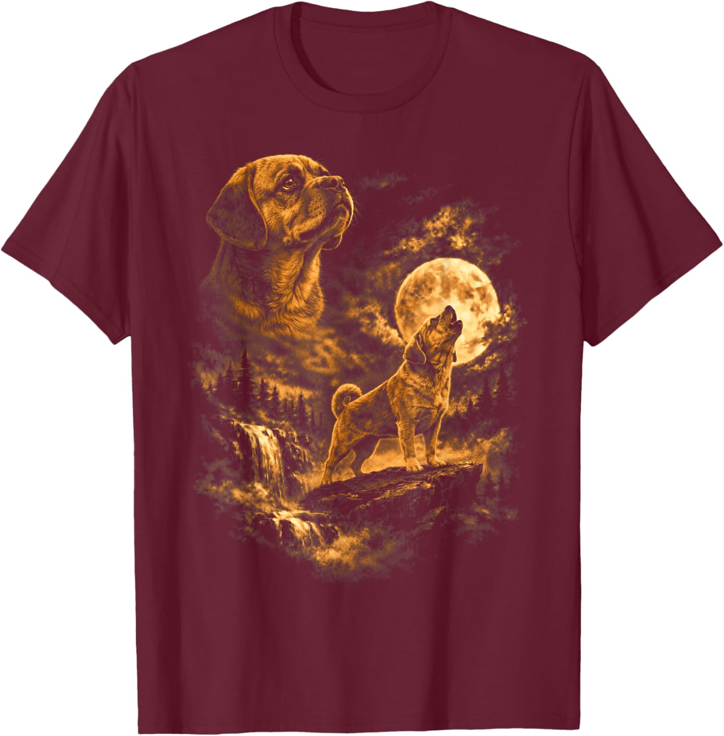 Puggles Howling Moon Dog Fantasy Forrest Wilderness T-Shirt - T-Shirt | Maroon
