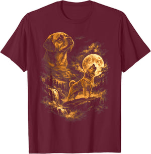 Puggles Howling Moon Dog Fantasy Forrest Wilderness T-Shirt - T-Shirt | Maroon