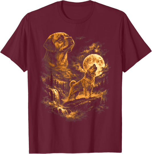 Puggles Howling Moon Dog Fantasy Forrest Wilderness T-Shirt - T-Shirt | Maroon