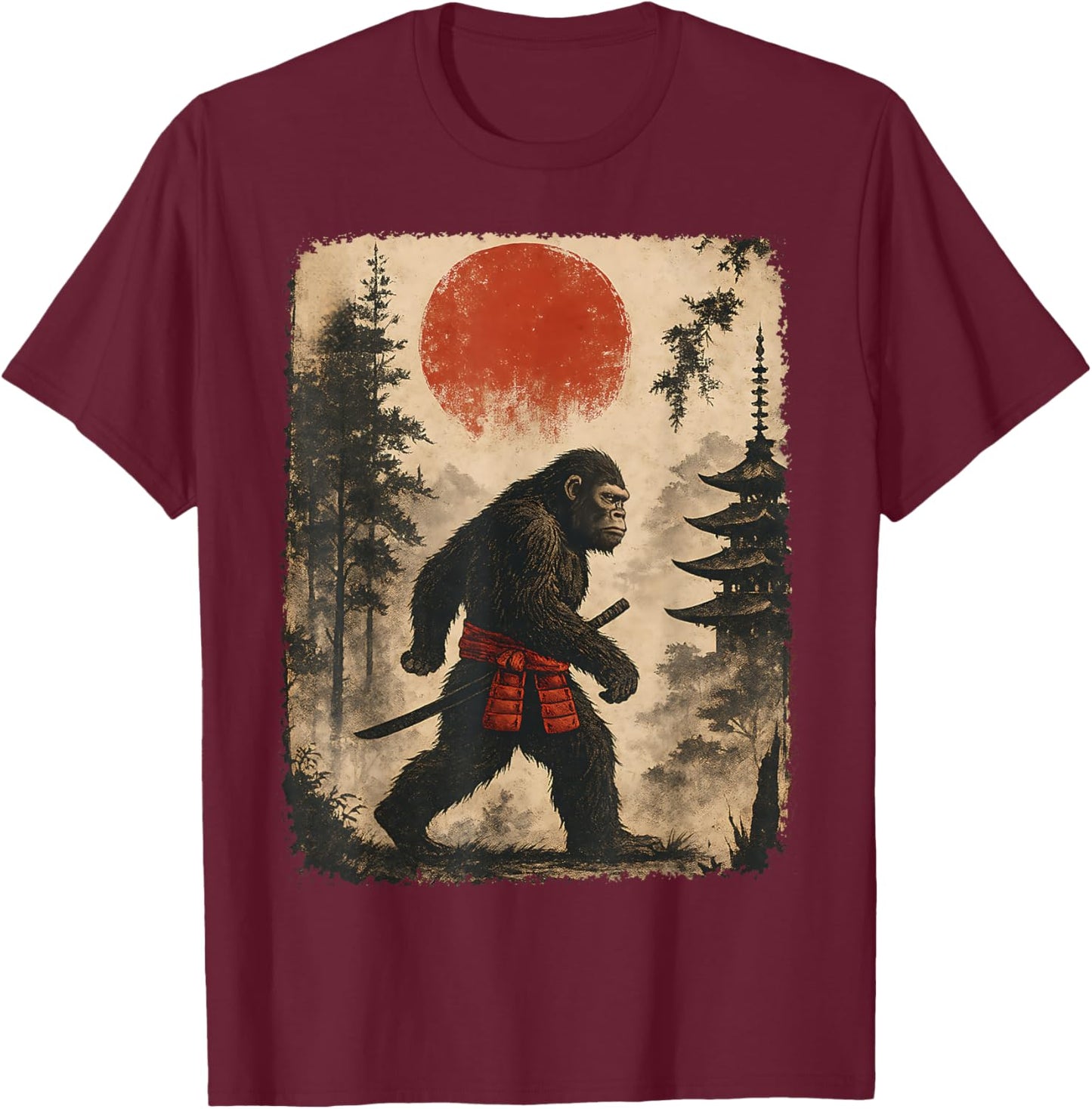 Samurai Bigfoot Japanese Graphic Funny Sasquatch T-Shirt - T-Shirt | Maroon